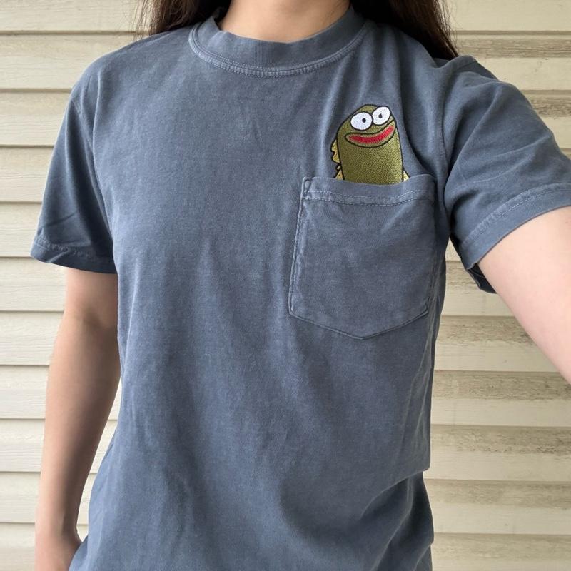 Green Fish Meme Embroidered Cotton Pocket T-shirt