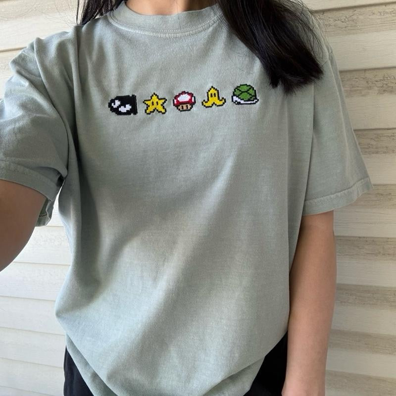 Pixelated Power Ups Embroidered T-shirt