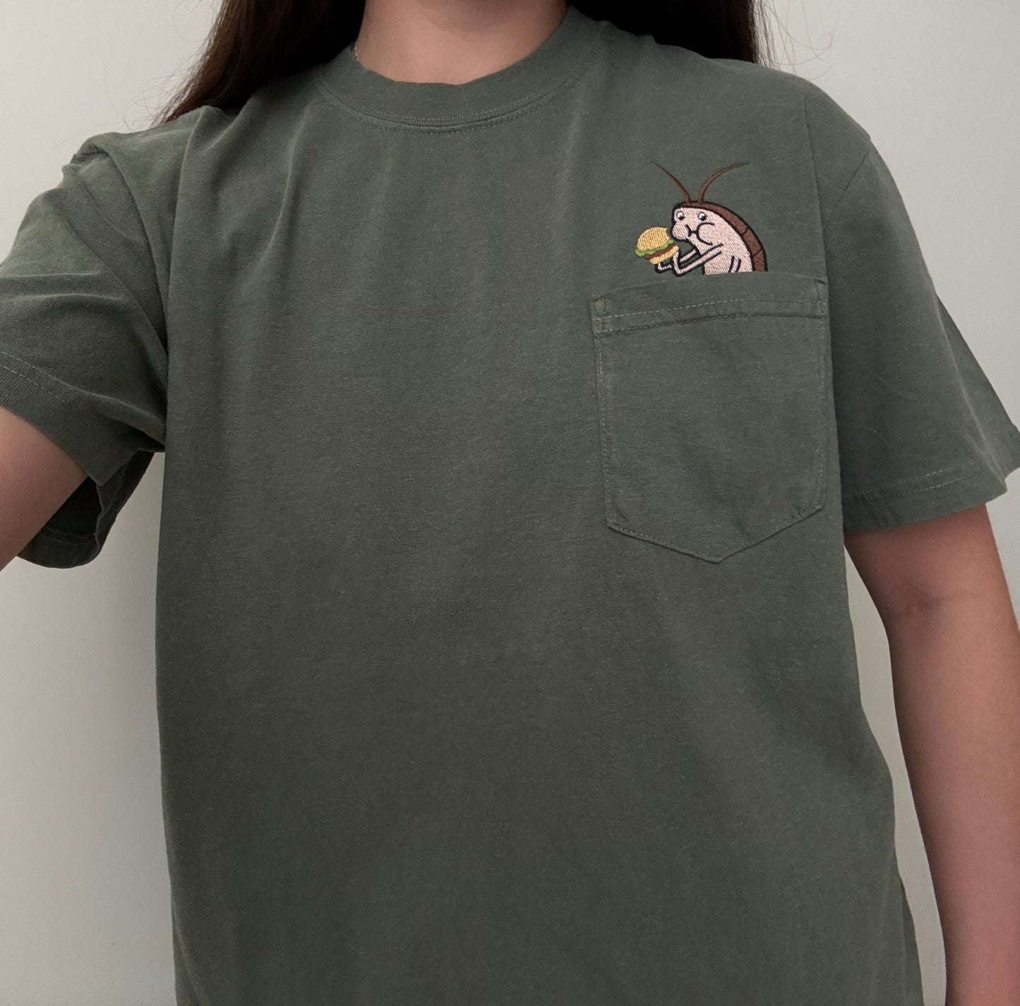Roach Eating Burger Embroidered Cotton Pocket T-shirt