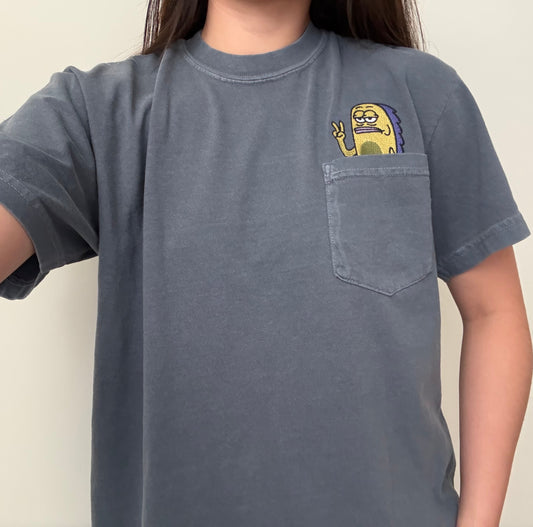 Peace Sign Fish Meme Embroidered Cotton Pocket T-shirt