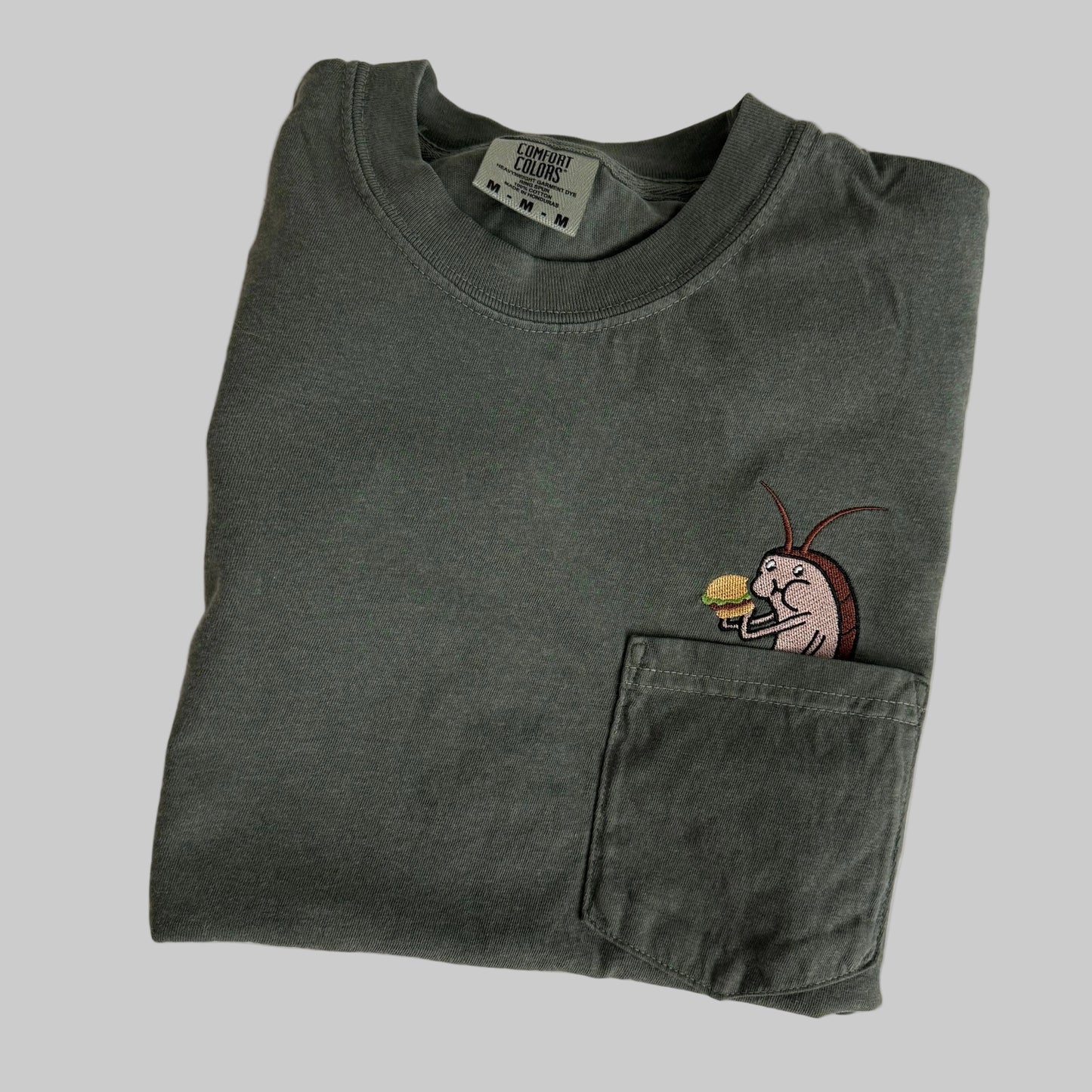 Roach Eating Burger Embroidered Cotton Pocket T-shirt
