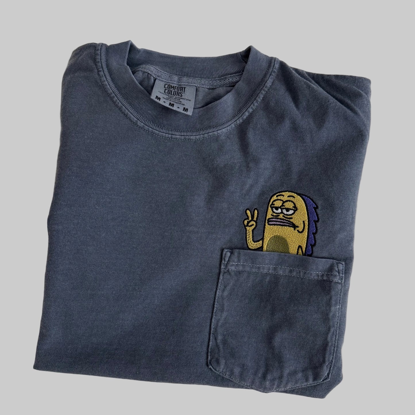 Peace Sign Fish Meme Embroidered Cotton Pocket T-shirt