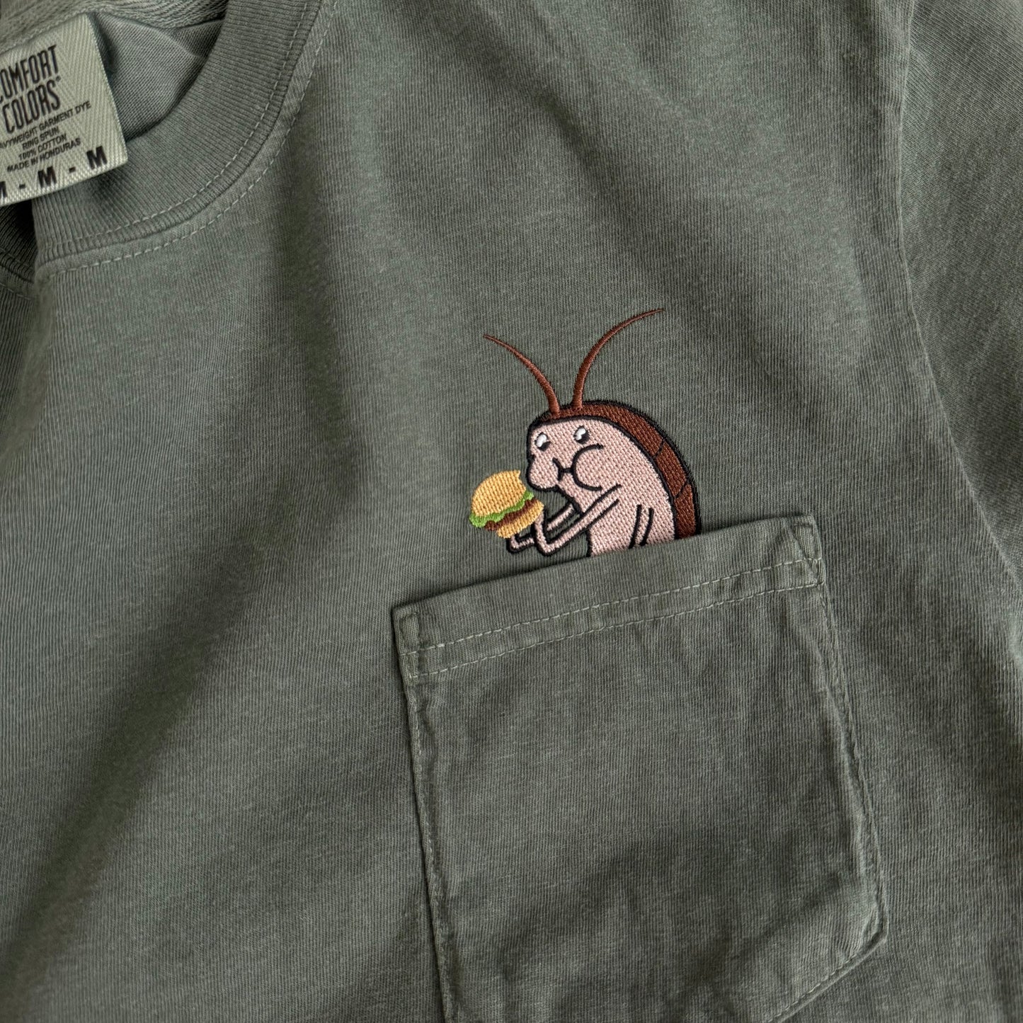 Roach Eating Burger Embroidered Cotton Pocket T-shirt