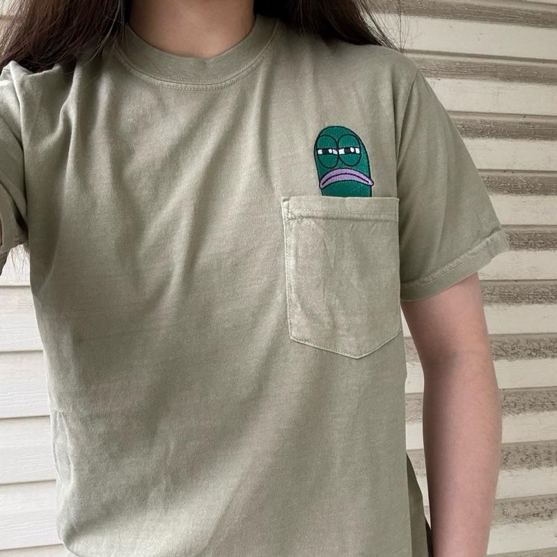 Teal Fish Meme Embroidered Cotton Pocket T-shirt