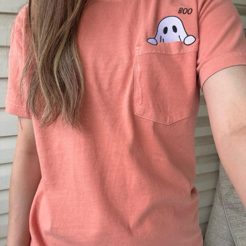 Ghost Boo Pocket Peaking Cotton T-shirt