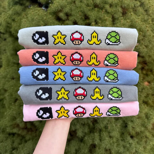Pixelated Power Ups Embroidered T-shirt