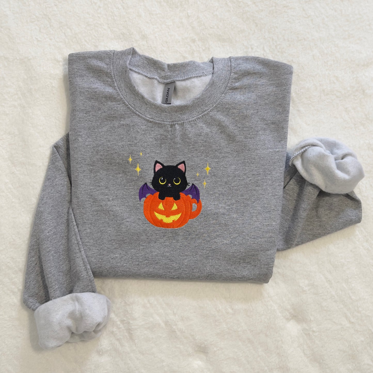 BatCat in a Pumpkin Teacup Embroidered Sweatshirt