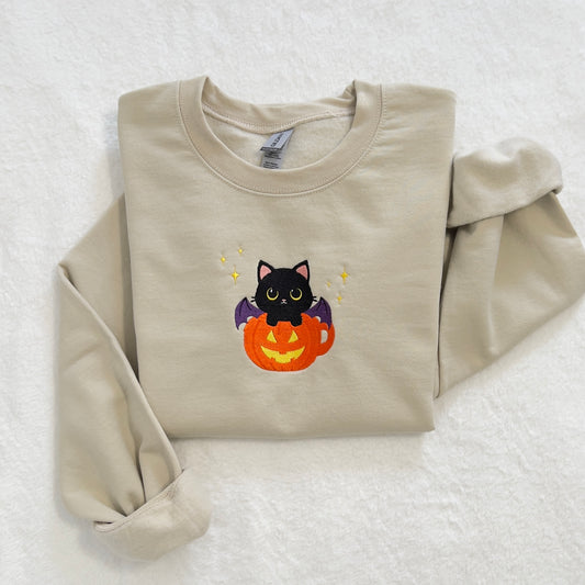 BatCat in a Pumpkin Teacup Embroidered Sweatshirt