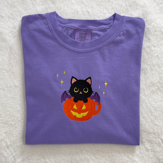 BatCat in a Pumpkin Teacup Embroidered T-shirt